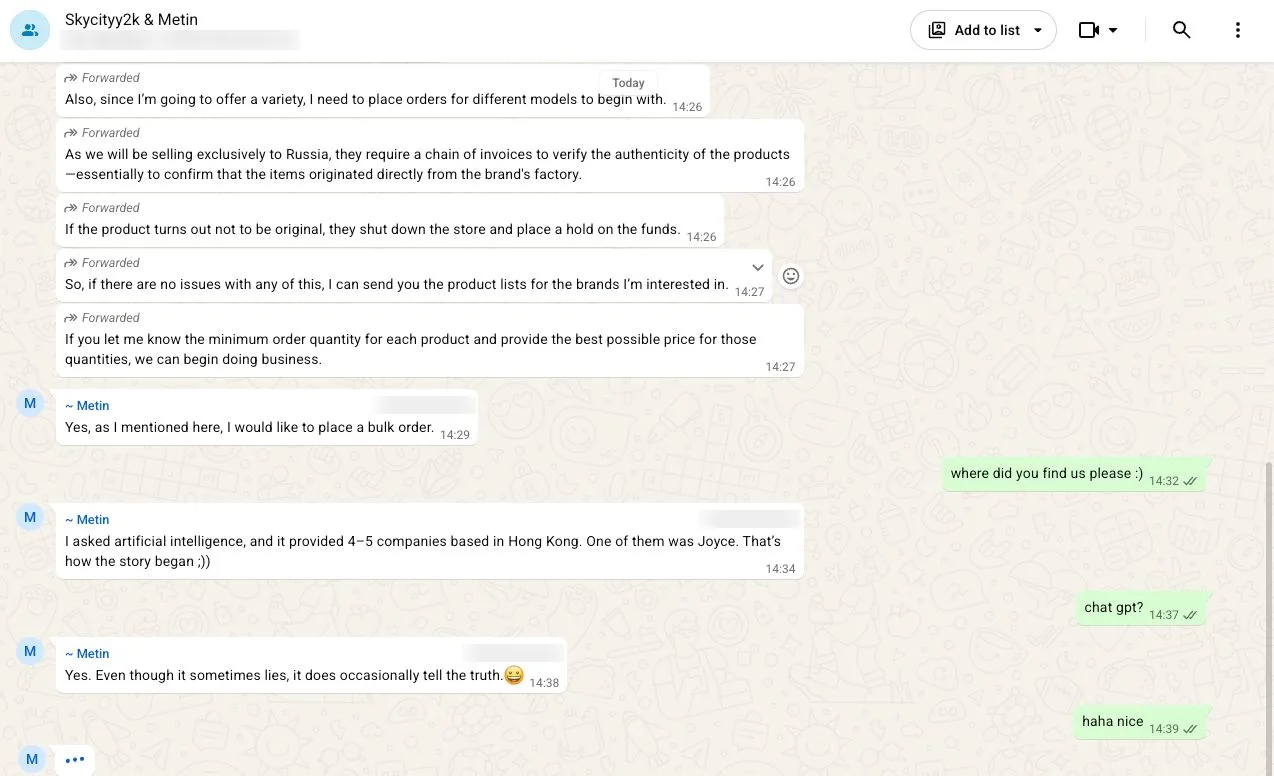 海外買家 WhatsApp 對話截圖,表示透過 ChatGPT 找到 Skycityy2k(買家資料已遮蓋)
