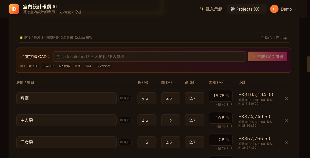 Design.ai 房間明細介面
